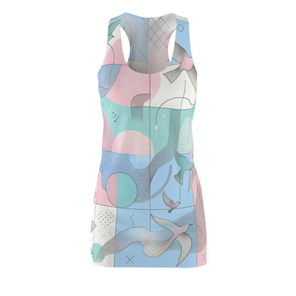 Valentina Marquis Racerback Dress featuring a stylish pastel geometric design with bird outlines, perfect for modern feminine fashion.