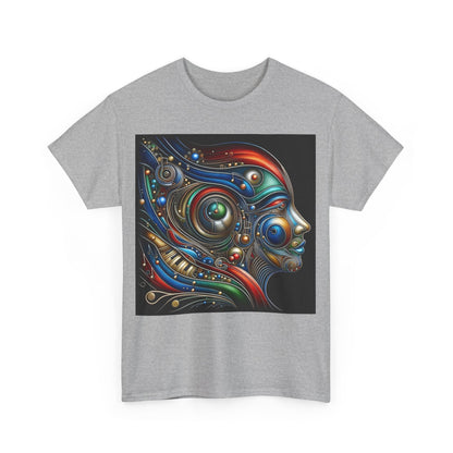 Stained Glass Dreams Unisex T-Shirt in grey, featuring a stunning abstract graphic design illustrating a human face, infused with vibrant colours and mechanical motifs, perfect for sophisticated casual wear.