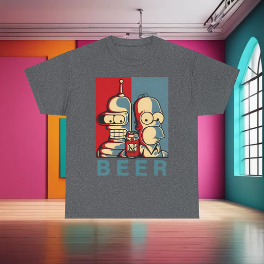 Bender and Homer Beer Poster Graphic T-Shirt: A stylish unisex cotton tee showcasing a vibrant graphic of Bender and Homer with a beer can, perfect for pop culture enthusiasts.