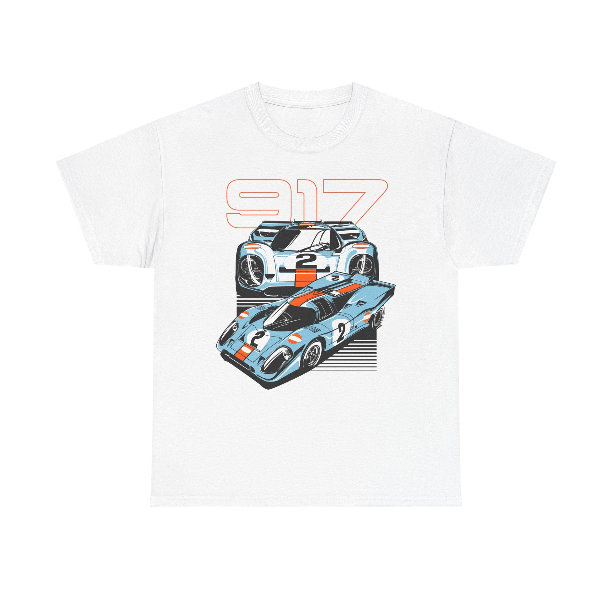 Elegant white Porsche 917 graphic t-shirt showcasing a dynamic illustration of iconic race cars in light blue and orange, perfect for motorsport fans.