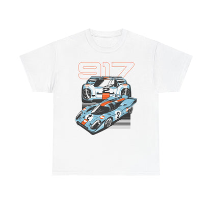 Elegant white Porsche 917 graphic t-shirt showcasing a dynamic illustration of iconic race cars in light blue and orange, perfect for motorsport fans.