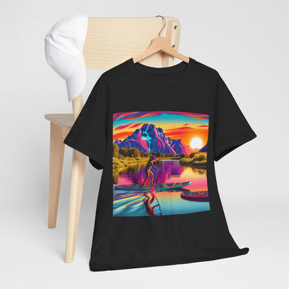Close-up of the Luxury Paddleboarding Scene Graphic T-Shirt design, highlighting intricate paddleboarding artwork, crafted by Dazzling Dreams Studio.