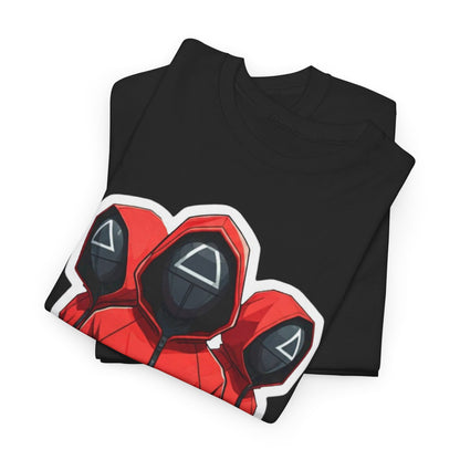 Sophisticated Squid Game Unisex T-Shirt folded design displaying a striking graphic of red-hooded figures, perfect for chic wardrobe additions.