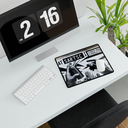 Chic workspace featuring the BanksyGroove UrbanScape Desk Mat beside an Apple keyboard and mouse, showcasing its striking design that enhances modern decor and productivity.
