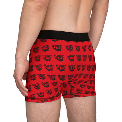 Side view of a model in Valentine's Naughty Cheeky Men's Boxer Briefs, highlighting the cheeky text 'I LICKED IT SO IT'S MINE', perfect for playful romantic occasions.