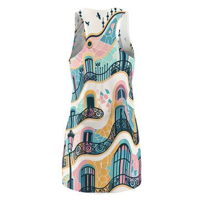 Close-up view of the Sebastian Valente Barcelona Racerback Dress, featuring elegant details that capture the essence of Gaudi's architecture and abstract style.