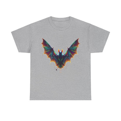 Radiant Evolution Bat Tee Unisex Cotton Tee featuring a vibrant bat design in rainbow colours on a soft grey background, perfect for making a bold fashion statement.