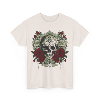 Front view of the Skulls and Roses Cotton Tee featuring a striking skull design surrounded by roses, embodying edgy elegance and alternative fashion.