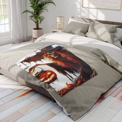 Elegant Decorative and Warm Halloween Spooky Arctic Fleece Blanket displayed on a chic bed, featuring intricate designs of jack-o'-lanterns and a skull, perfect for autumn decor.