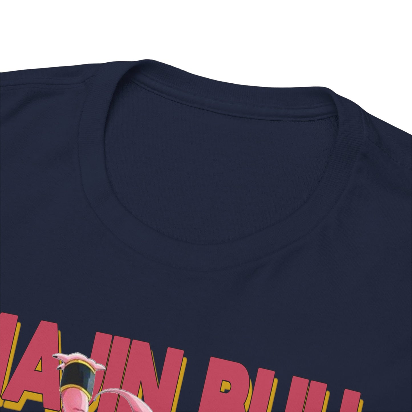 Close-up view of the Majin Buu T-shirt neckline, showcasing premium quality fabric and stylish design, ideal for anime enthusiasts.
