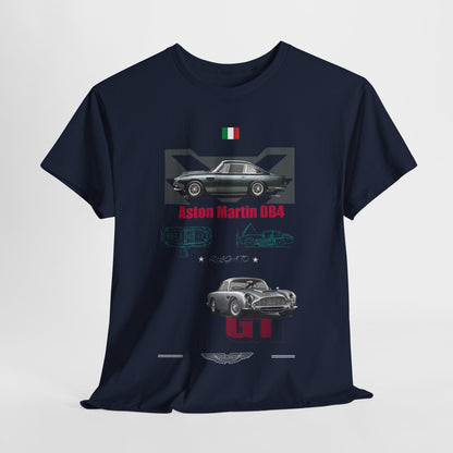 Prominent front display of a navy t-shirt adorned with an Aston Martin DB4 graphic, blending style and automotive artistry for discerning gentlemen.