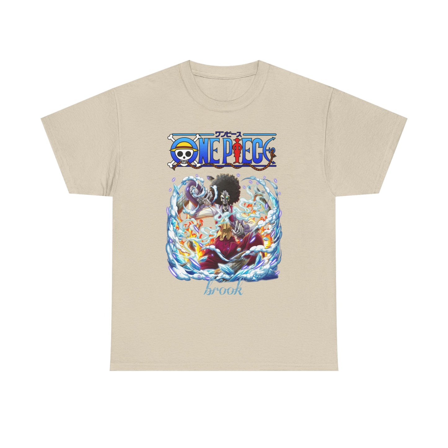 Luxury men's t-shirt featuring a vibrant illustration of Brook from One Piece, showcasing captivating elements of fire and water on a soft beige fabric.