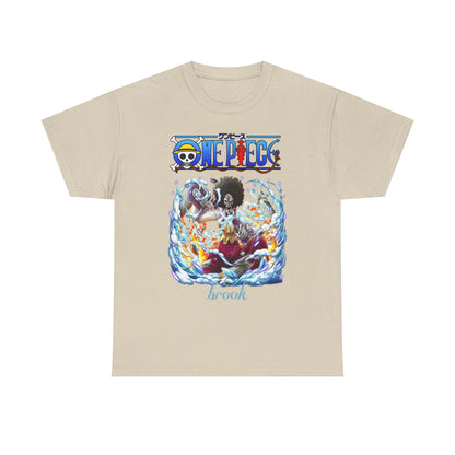 Luxury men's t-shirt featuring a vibrant illustration of Brook from One Piece, showcasing captivating elements of fire and water on a soft beige fabric.