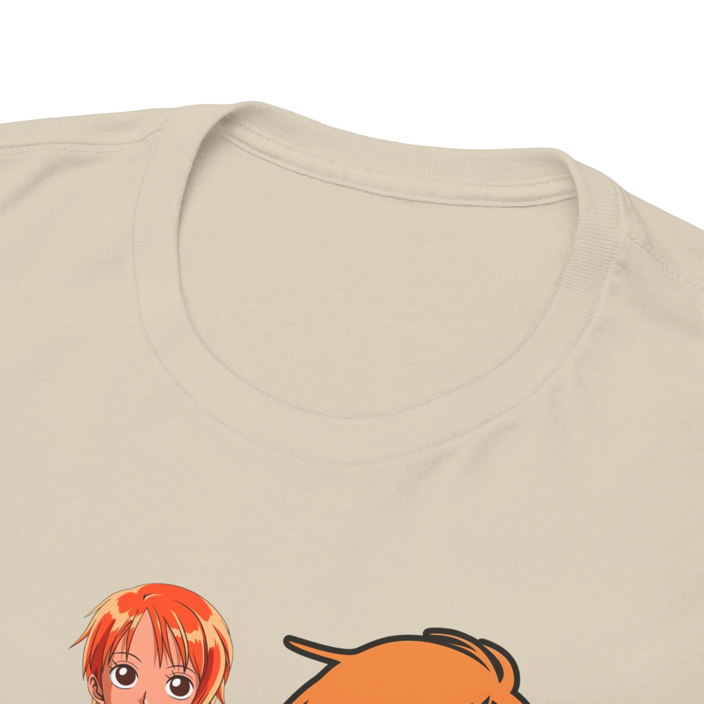 Close-up view of the neckline of a high-quality beige t-shirt, displaying exquisite anime character illustration of Nami, crafted for comfort and style.