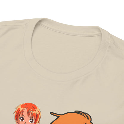 Close-up view of the neckline of a high-quality beige t-shirt, displaying exquisite anime character illustration of Nami, crafted for comfort and style.