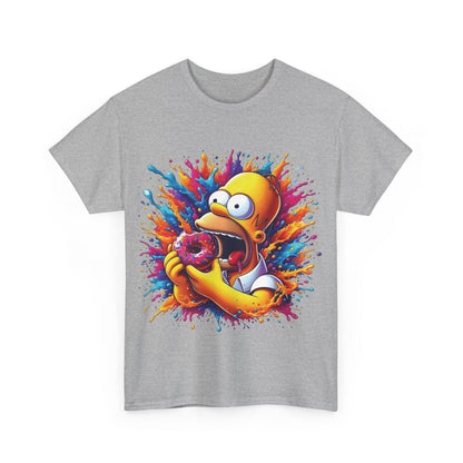 Refined grey Simpsons Homer Donut Graphic T-Shirt featuring artistic depiction of Homer Simpson enjoying a donut, bringing a touch of luxury to everyday attire.