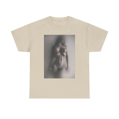 Stylish unisex t-shirt accentuated with a mysterious blurred graphic of a nude form, embodying contemporary artistry and elegance.