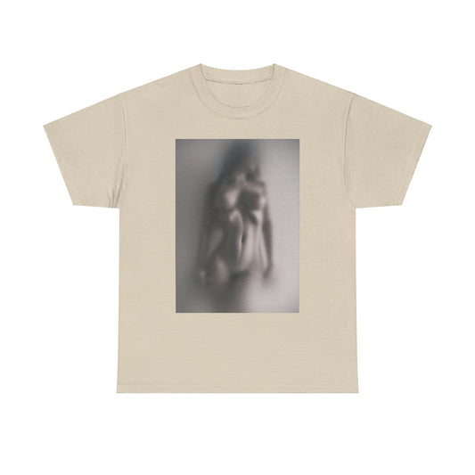 Stylish unisex t-shirt accentuated with a mysterious blurred graphic of a nude form, embodying contemporary artistry and elegance.