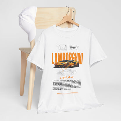 Stylish white Lamborghini Aventador t-shirt paired with a sleek cap, displayed on a wooden chair, epitomizing automotive elegance.