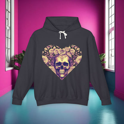 Front view of the Skull and Roses Lightweight Hoodie in black, featuring a captivating graphic design, set against a stylish pink interior, perfect for expressing individuality.