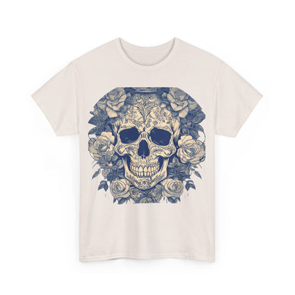 Front view of the Skulls and Roses Cotton Tee - Unisex Graphic Shirt featuring a detailed skull surrounded by intricate roses, embodying edgy luxury.