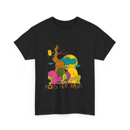 Stunning black Monster Mash T-Shirt highlighting whimsical cartoon graphics of colourful creatures and a majestic tree, a statement piece for luxury casual wear.