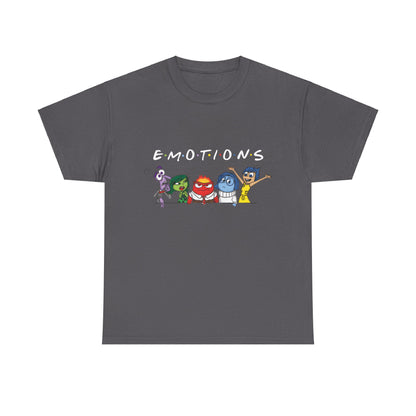 Inside Out Friends Humorous Graphic Unisex Tee Shirt in dark grey highlighting the playful emotions characters: Joy, Sadness, Anger, Fear, and Disgust.