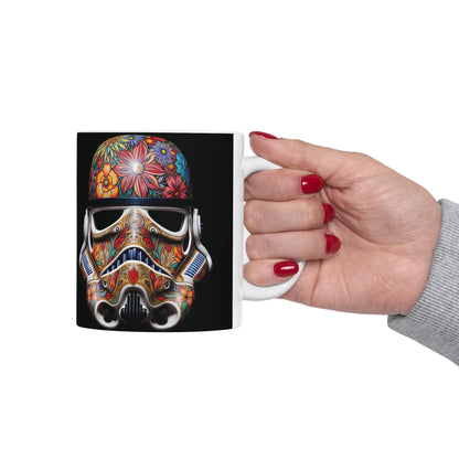 Close-up of the Artistic Floral Stormtrooper Mug being held, showcasing its intricate floral details and luxurious craftsmanship.