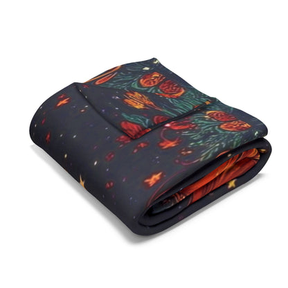 Neatly folded Decorative and Warm Halloween Spooky Arctic Fleece Blanket, revealing an intricate pattern of pumpkins and stars, perfect for autumn decor.