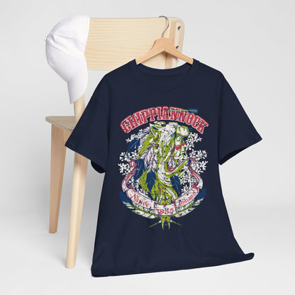 Chic navy graphic t-shirt paired with a white cap, featuring an intricate wolf headdress design, perfect for expressing a luxurious sense of heritage.