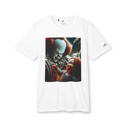 Adidas Unisex Halloween Pennywise and Chucky Cute T-shirt featuring a captivating design of Pennywise and Chucky, perfect for Halloween fashion.