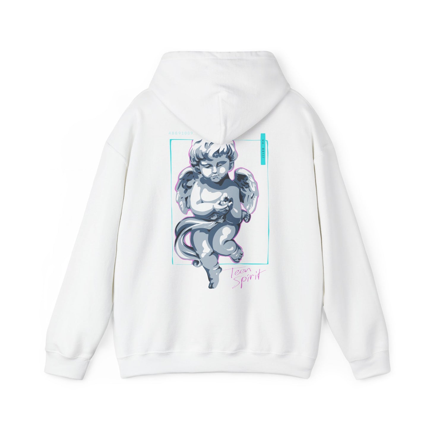Cherubic Angel Back Print Hoodie in white with a striking illustration of a cherubic angel, featuring soft grey tones and a whimsical style, ideal for elevating casual fashionable ensembles.