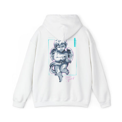 Cherubic Angel Back Print Hoodie in white with a striking illustration of a cherubic angel, featuring soft grey tones and a whimsical style, ideal for elevating casual fashionable ensembles.