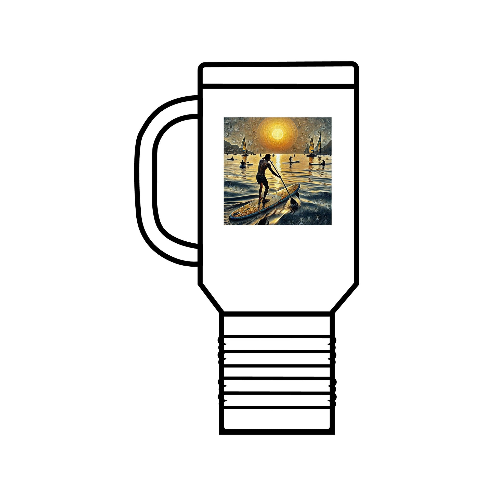 Fantasy Paddleboarding Insulated 40Oz Stainless Steel Travel Mug featuring an artistic depiction of paddleboarding against a vibrant sunset, ideal for luxury beverage enjoyment.