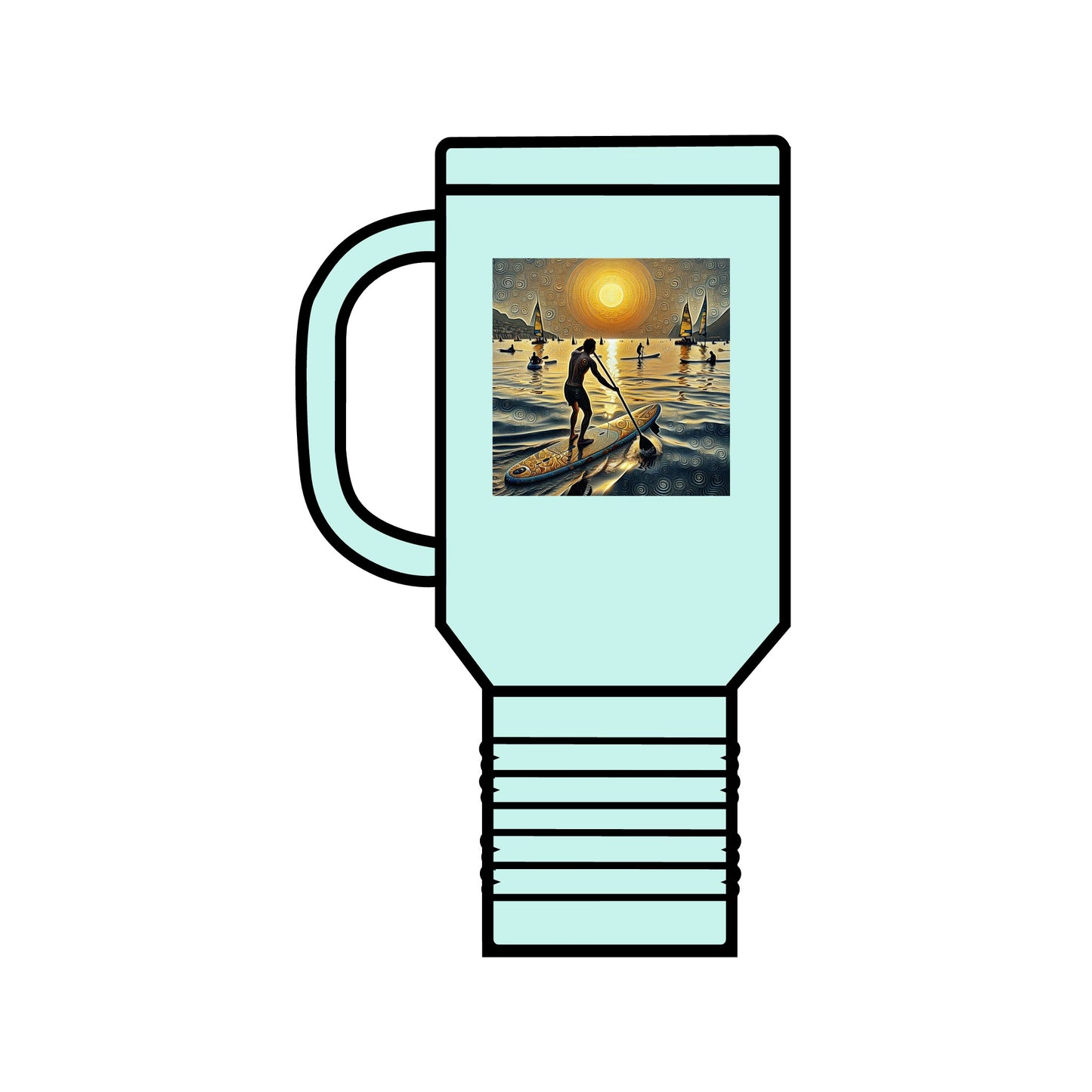 Stylish Fantasy Paddleboarding Insulated 40Oz Stainless Steel Travel Mug in mint green, featuring a whimsical paddleboarding graphic, perfect for outdoor enthusiasts.