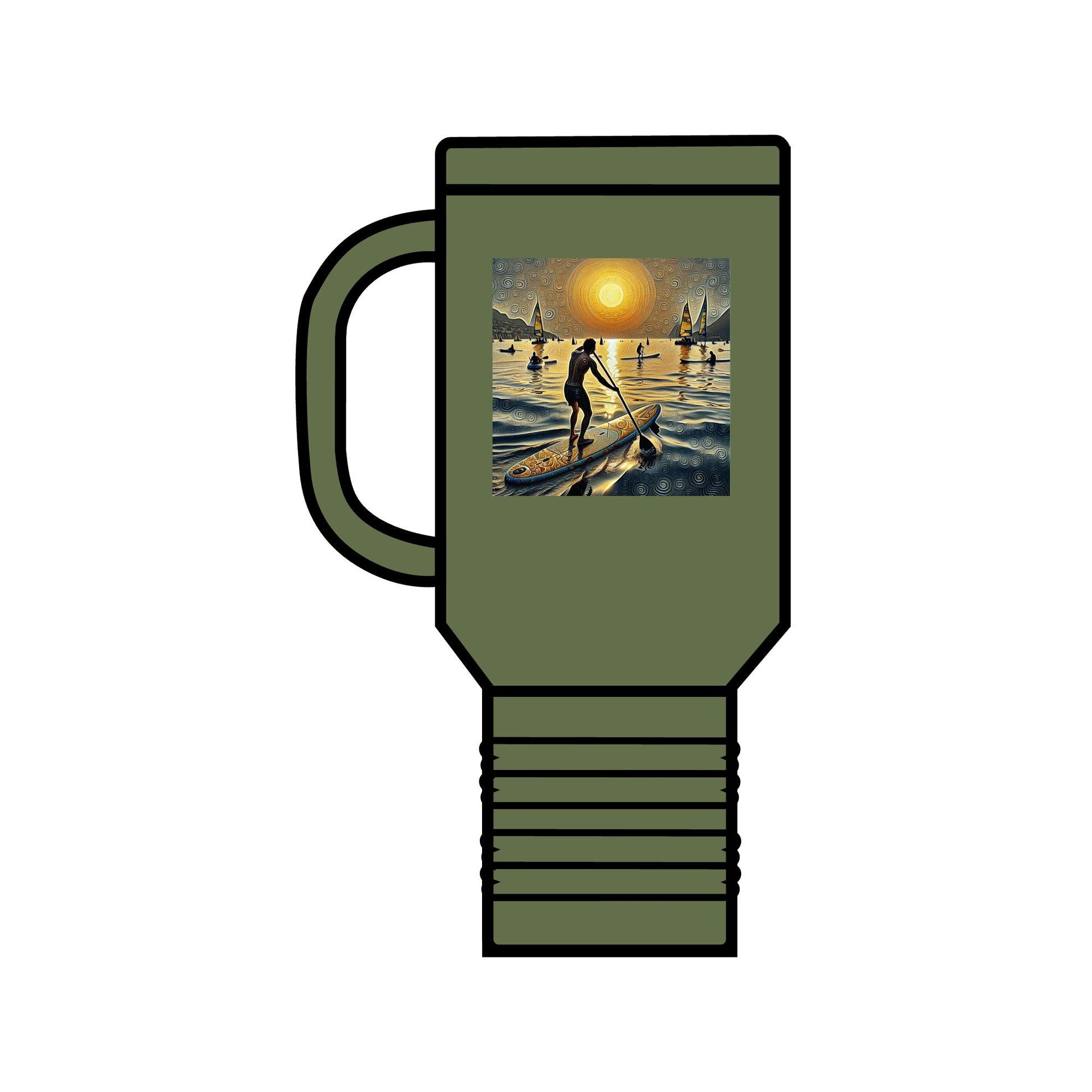 Fantasy Paddleboarding Insulated 40Oz Stainless Steel Travel Mug highlighting a beautiful scene of paddleboarding at sunset, perfect for luxury hydration on the go.