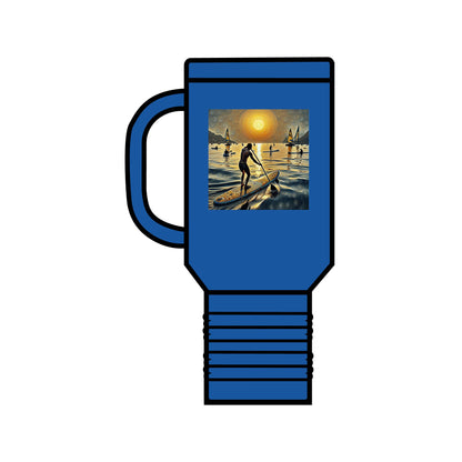 Elegant Fantasy Paddleboarding Insulated 40Oz Stainless Steel Travel Mug in deep blue, adorned with a captivating paddleboarding scene, perfect for hot and cold drinks.