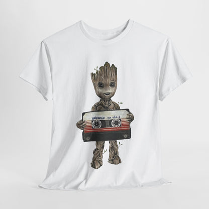 Luxury Baby Groot Awesome Mixtape Unisex T-Shirt in White, featuring a whimsical watercolor illustration of Baby Groot holding the iconic Awesome Mix Vol. 2 cassette.