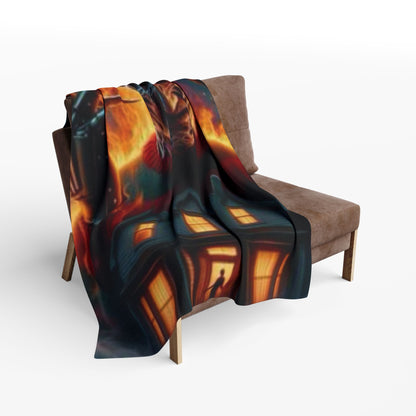 Elegant Halloween Arctic fleece blanket draped beautifully over a sofa, showcasing striking imagery of a haunted house, epitomizing seasonal luxury and comfort in the Decorative and Warm Halloween Freddy Kruegar range.