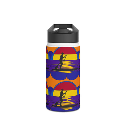 Luxury Fantasy Paddleboarding Stainless Steel Water Bottle in vibrant orange and purple design, featuring a paddleboarder silhouette against a sunset backdrop, designed for adventure and hydration.