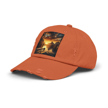 Unisex Distressed Paddleboarders Cap in vibrant orange, featuring a trendy sunset paddleboarding design, ideal for luxury outdoor enthusiasts.