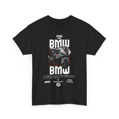 Striking black men's T-shirt featuring a captivating BMW motorcycle graphic design with bold typography.