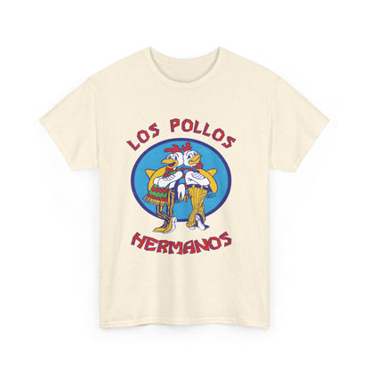Chic front view of the luxurious Breaking Bad Los Pollos Logo Graphic T-Shirt in off-white, featuring an iconic design of colourful chickens.