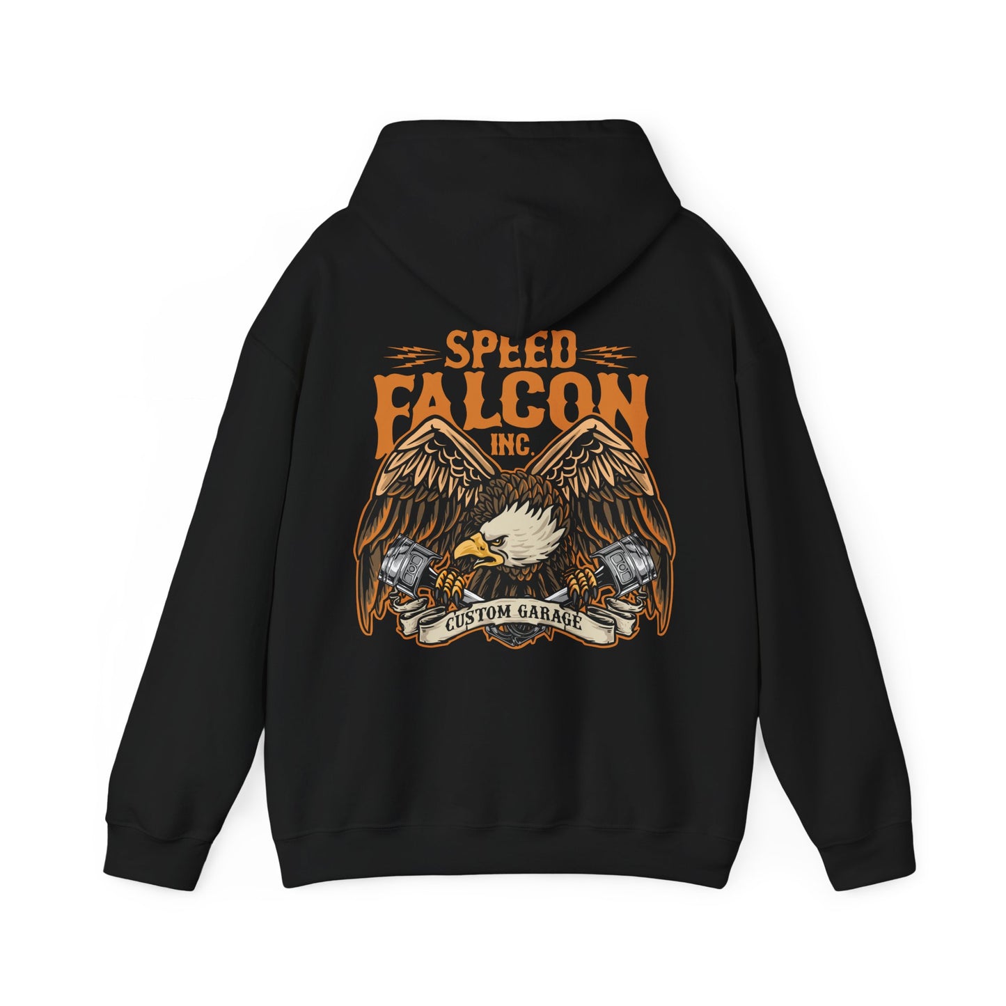 Luxury black hoodie featuring a striking eagle graphic with 'Speed Falcon Inc.' branding and a custom garage theme.