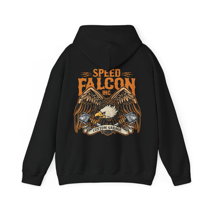 Luxury black hoodie featuring a striking eagle graphic with 'Speed Falcon Inc.' branding and a custom garage theme.
