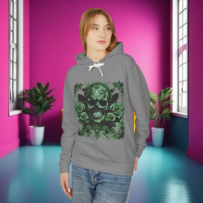 Stylish Skull and Roses Lightweight Hoodie, designed for unisex appeal, displayed in a vibrant room setting, highlighting its edgy design and rebellious spirit.