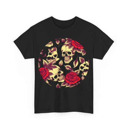 Artistic front view of a unisex Skulls and Roses graphic tee showcasing a striking steampunk design with intricate skulls and roses on a rich black background.