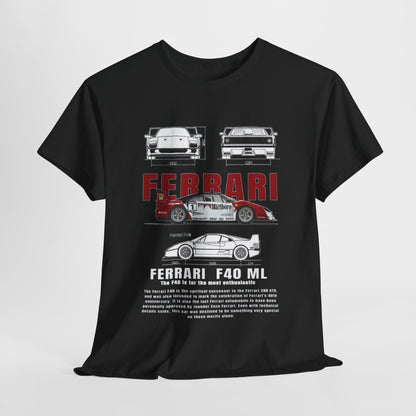 Luxury T-Shirt Ferrari F40 Marlboro Graphic Design Tee showcasing detailed drawings of the iconic Ferrari F40 from multiple angles on a sleek black background, perfect for car enthusiasts.