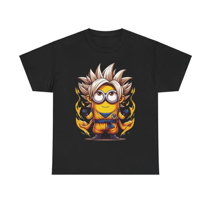 Minion's Dragon Ball Z Mashup Unisex Men's Women's Graphic T Shirt Tee displaying a cheerful Minion dressed as a Dragon Ball Z hero in orange and blue. A standout funny T Shirt that highlights the Minions' charm while appealing to anime lovers.