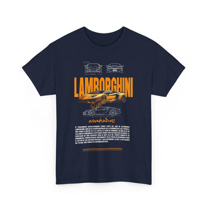 Front view of a luxurious navy Lamborghini-themed t-shirt, featuring bold orange typography and a striking graphic print of the Aventador.
